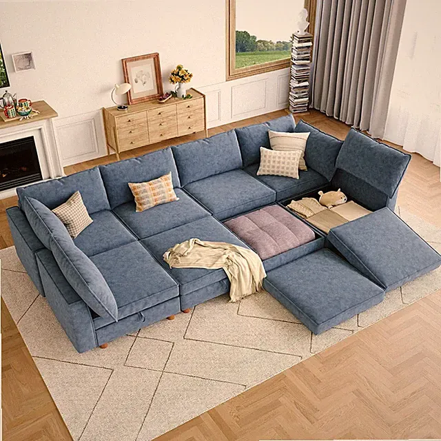 128 Inch 8 Seat Sleeper Couch Bed with Storage, Removable Washable Sofa Cover L