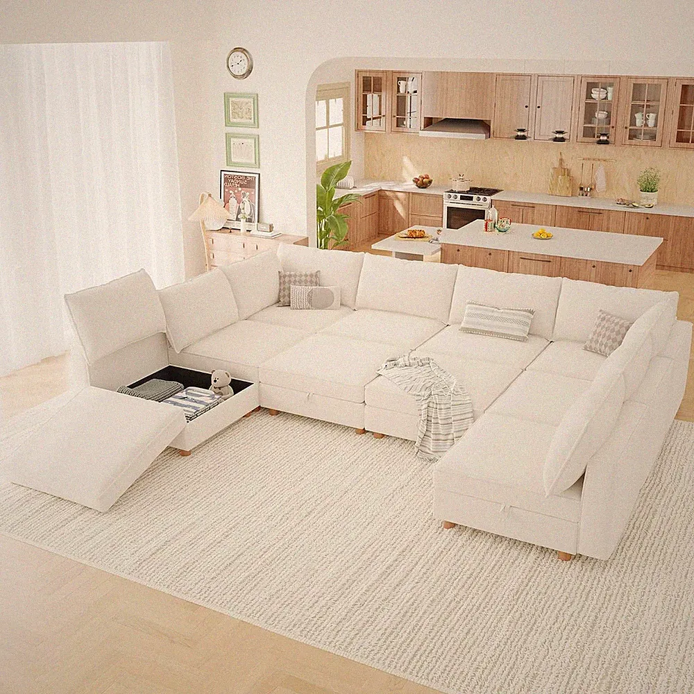 128" Modular Sectional Sleeper Sofa Bed with Storage & Washable Covers, 10-Seate