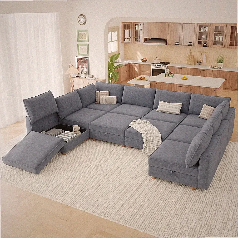 128" Modular Sectional Sleeper Sofa Bed with Storage & Washable Covers, 10-Seate