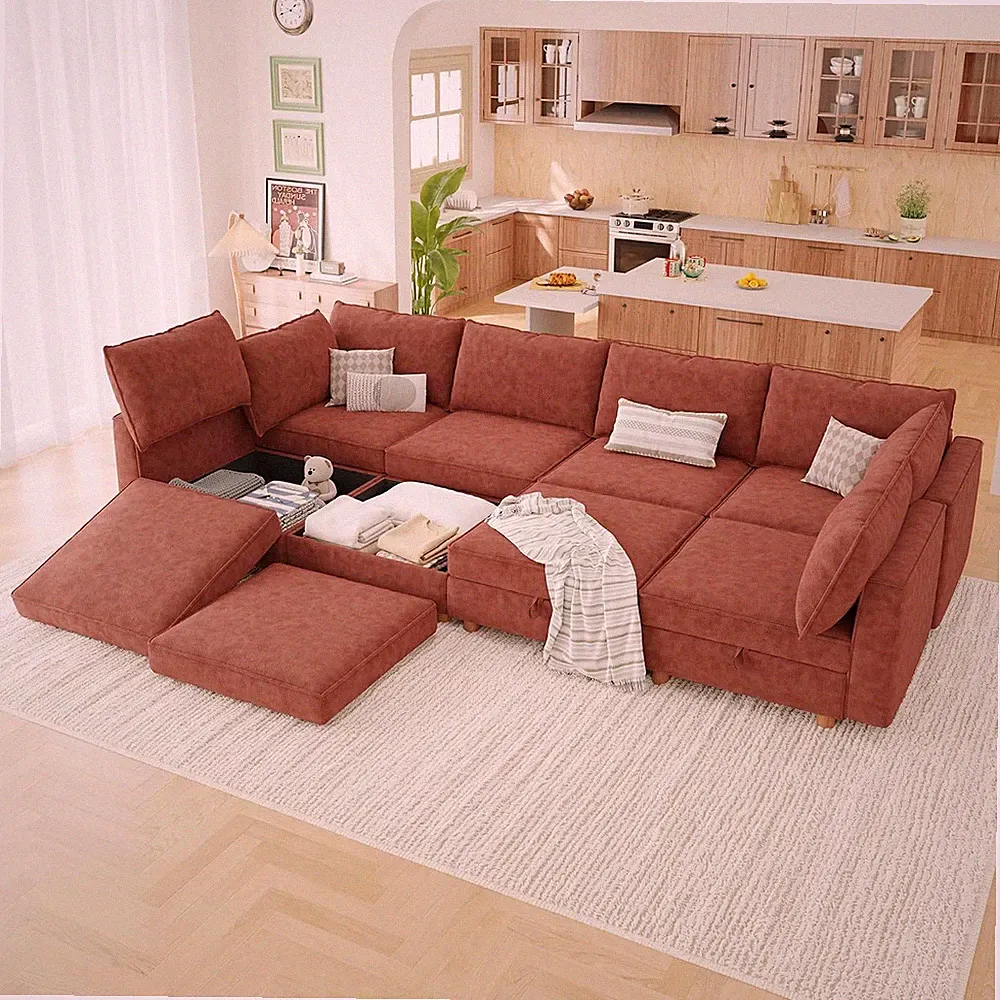 128" Modular Sectional Sleeper Sofa Bed with Storage & Washable Covers, 8-Seater