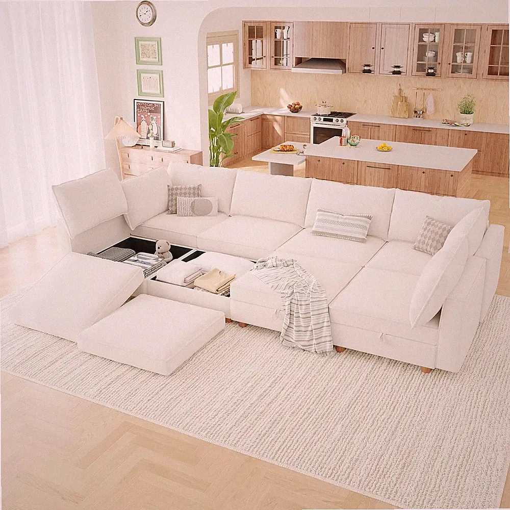 128" Modular Sectional Sleeper Sofa Bed with Storage & Washable Covers, 8-Seater