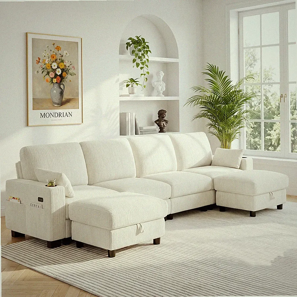 128" U Shaped Chenille Sectional Sofa 6 Seats Couch Storage Ottoman with USB