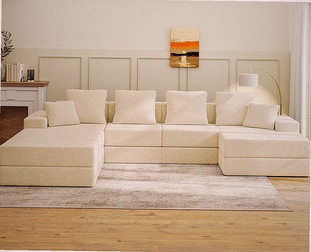 128" U-Shaped Cloud Sectional Couch for Living Room, Cloud Boneless Couch-No Ass