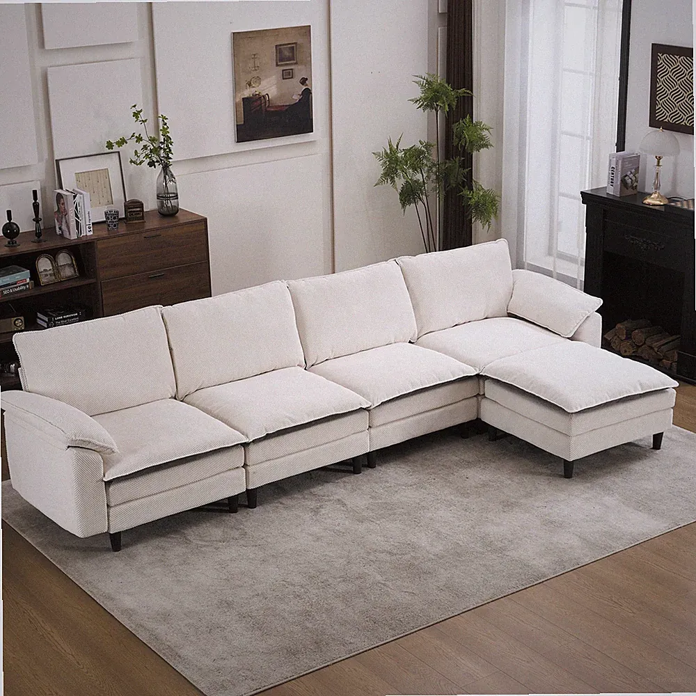 129.92" Black & White Two-Tone L Shaped Cloud Sofa,Modular Sectional w/Ottoman,3