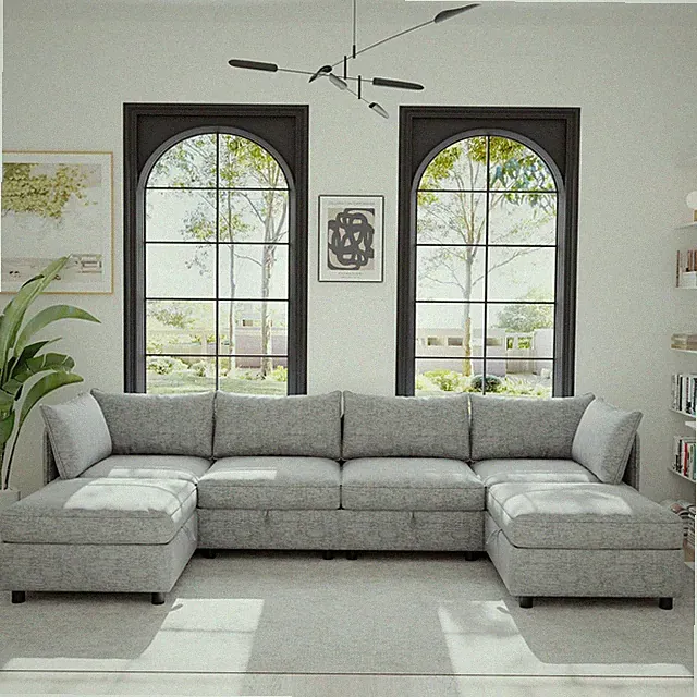 129-Inch U-Shaped 6 Seat Modular Sofa Deep Seat Storage Sectional Sofa Couch Fre