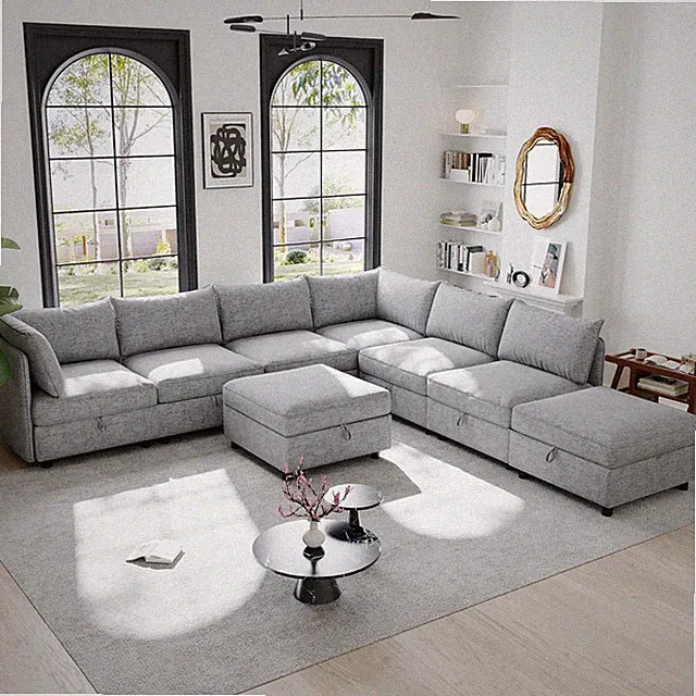 129" Modular Cloud Sofa with Storage & Ottomans - L/U Shaped Chenille Couch