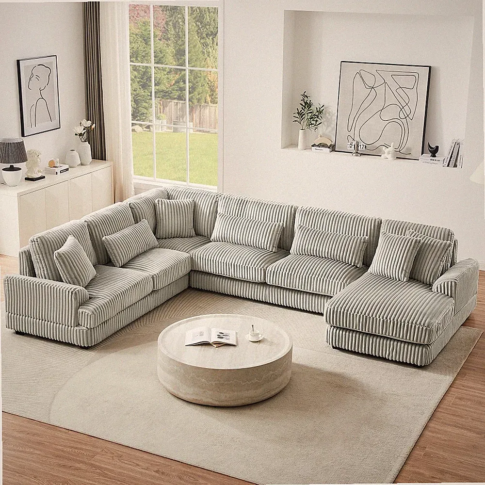 129" U-Shaped Sectional Sofa w/ Chaise Lounge, Corduroy, Grey, 5-Seater