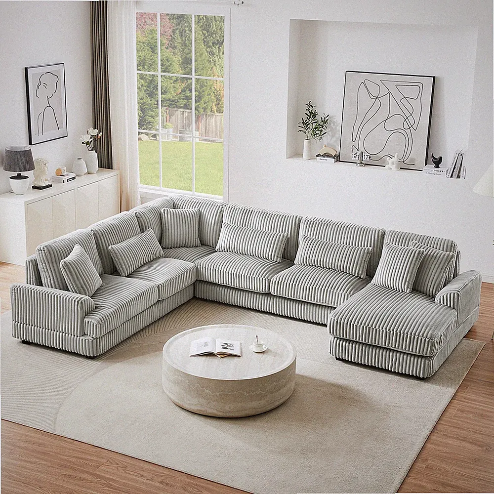 129" U-Shaped Sectional Sofa with Chaise Lounge, Grey Corduroy