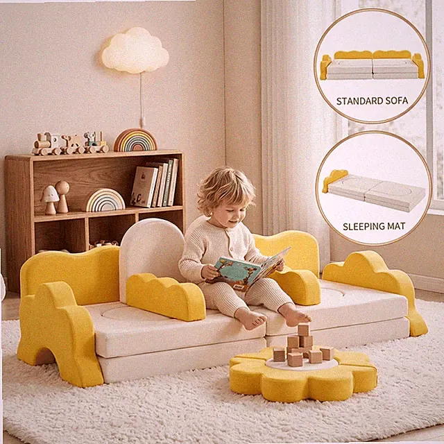 12Pcs Modular Kids Sofa Set Foam Play Couch Corduroy Toddler Climbing Mat Yellow