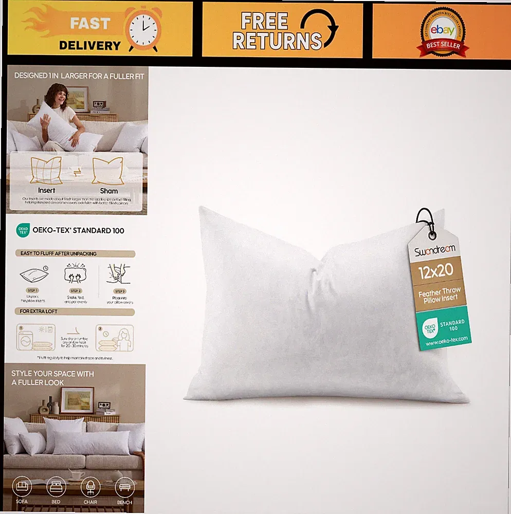 12x20 Decorative Feather Lumbar Pillow Insert for Couch & Bed, Soft Support, Ful