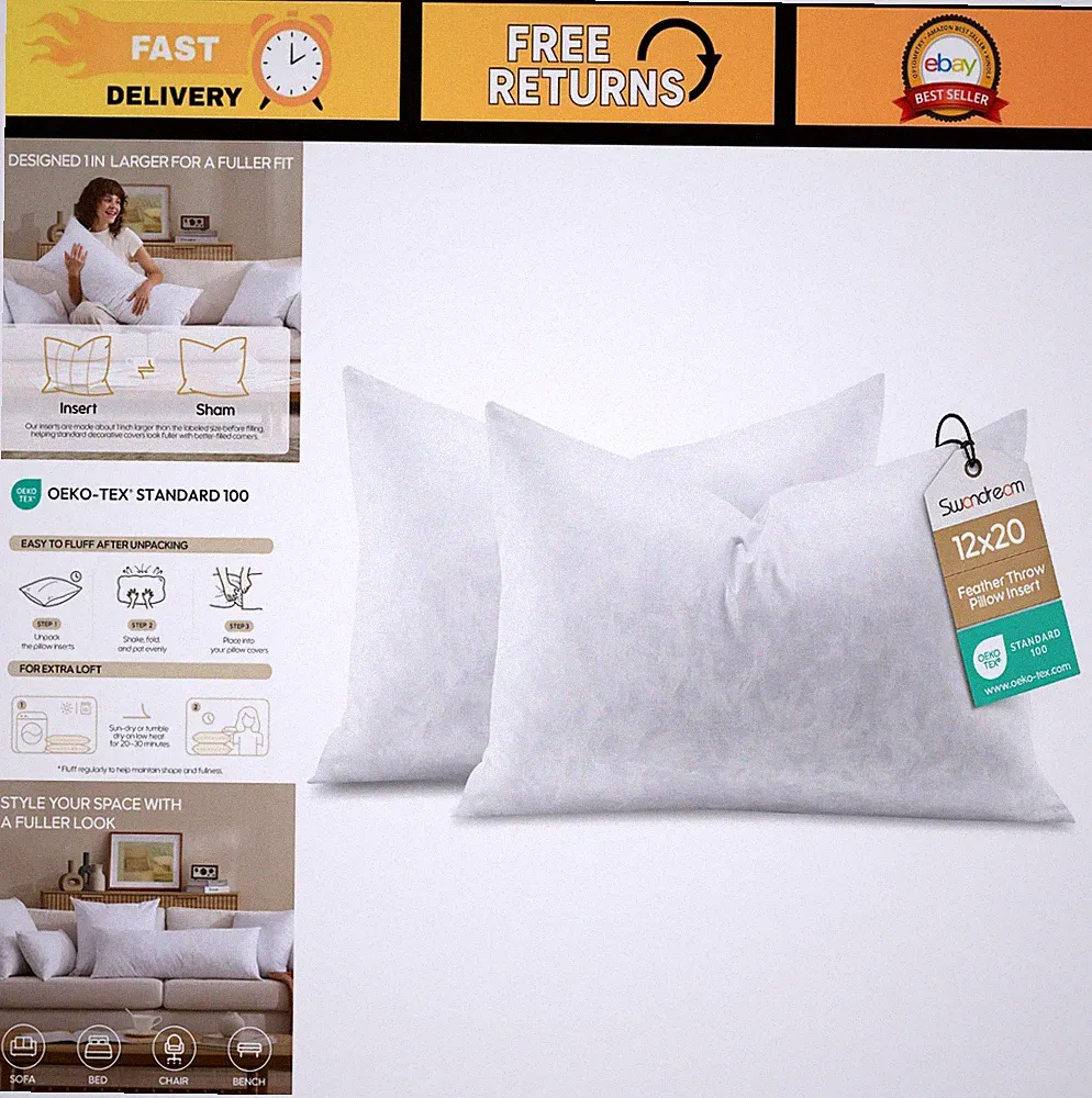 12x20 Decorative Feather Lumbar Pillow Inserts - Soft Support for Couch & Bed, S