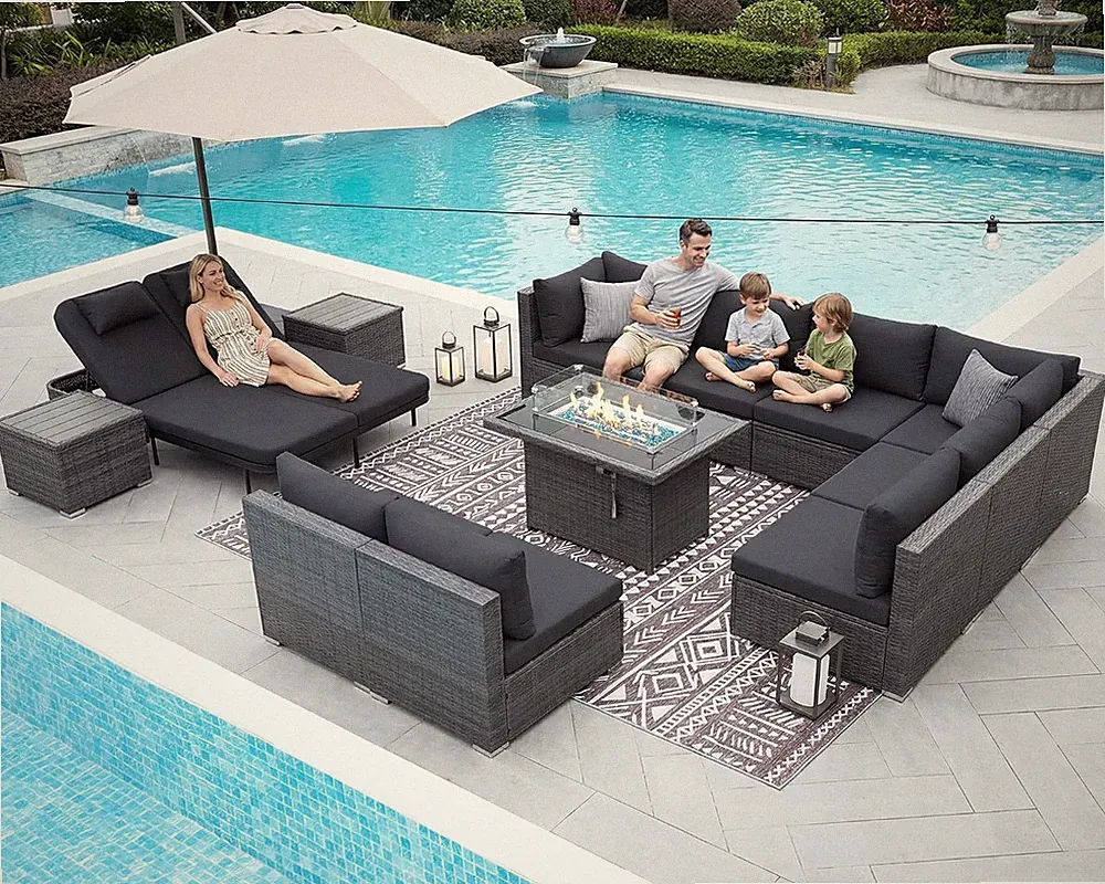 13 Piece Outdoor Sectional W/Fire Pit Table, Luxury Modular Patio Furniture Set
