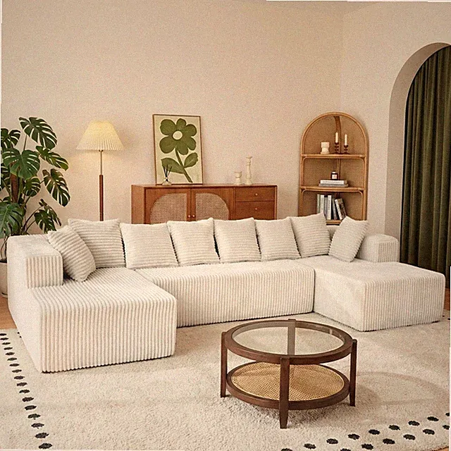 130" Cloud Corduroy U-Shaped Modular Sofa, No Assembly, Beige