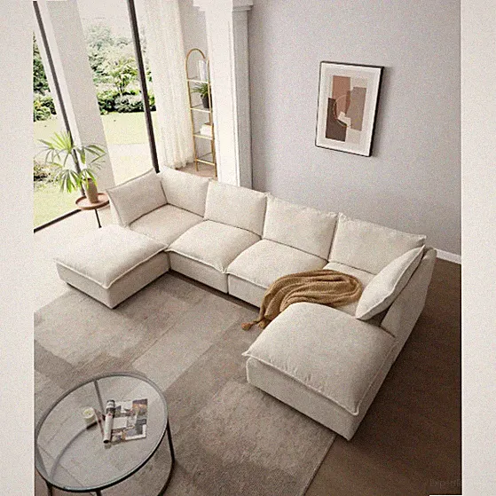 130 Inch Modular Sectional Sofa, Linen Fabric Couch Set With Convertible Ottoman