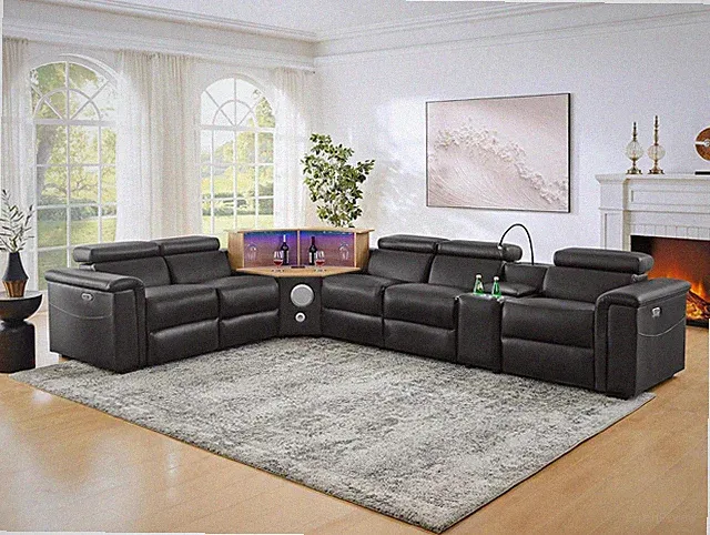 130" L-Shaped Air Leather Powered Reclining Sofa with Motorized Lift Cabinet & M