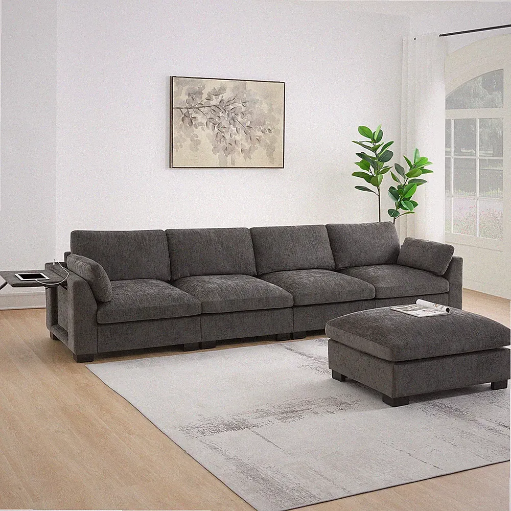 130" Modular Sectional Sofa, L-Shape with Folding Table and Dual-Port Charging