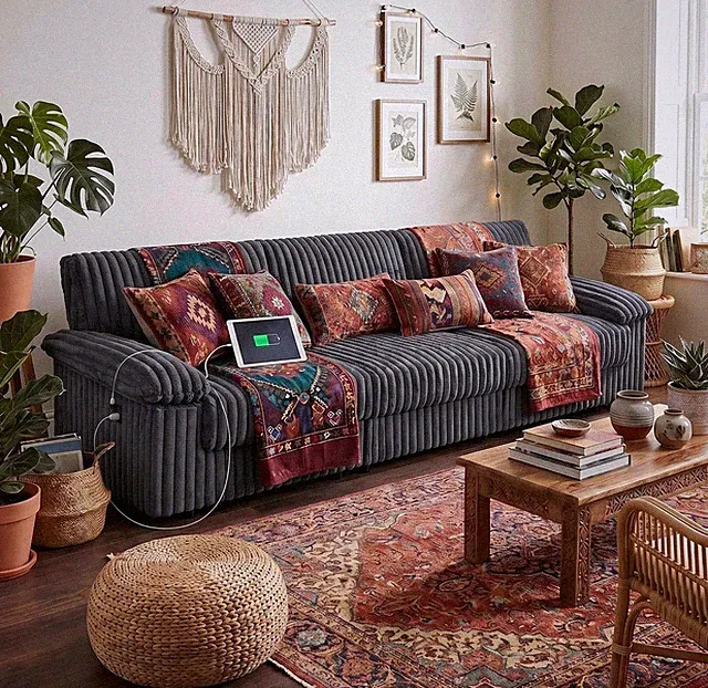 130" Oversize 3 Seater Sofa with USB Port, Corduroy Cloud Couch Living Room