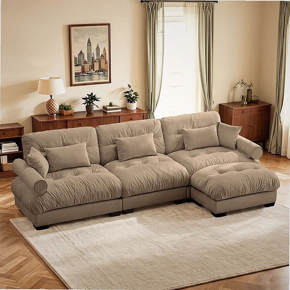 130" Oversized L-Shape Modular Cloud Couch with Chaise & Round Bolster Armrests