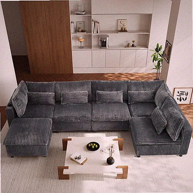 130" Oversized U Shape Cloud Couch , Corduroy Deep Modular 6 Seat Sofa Set