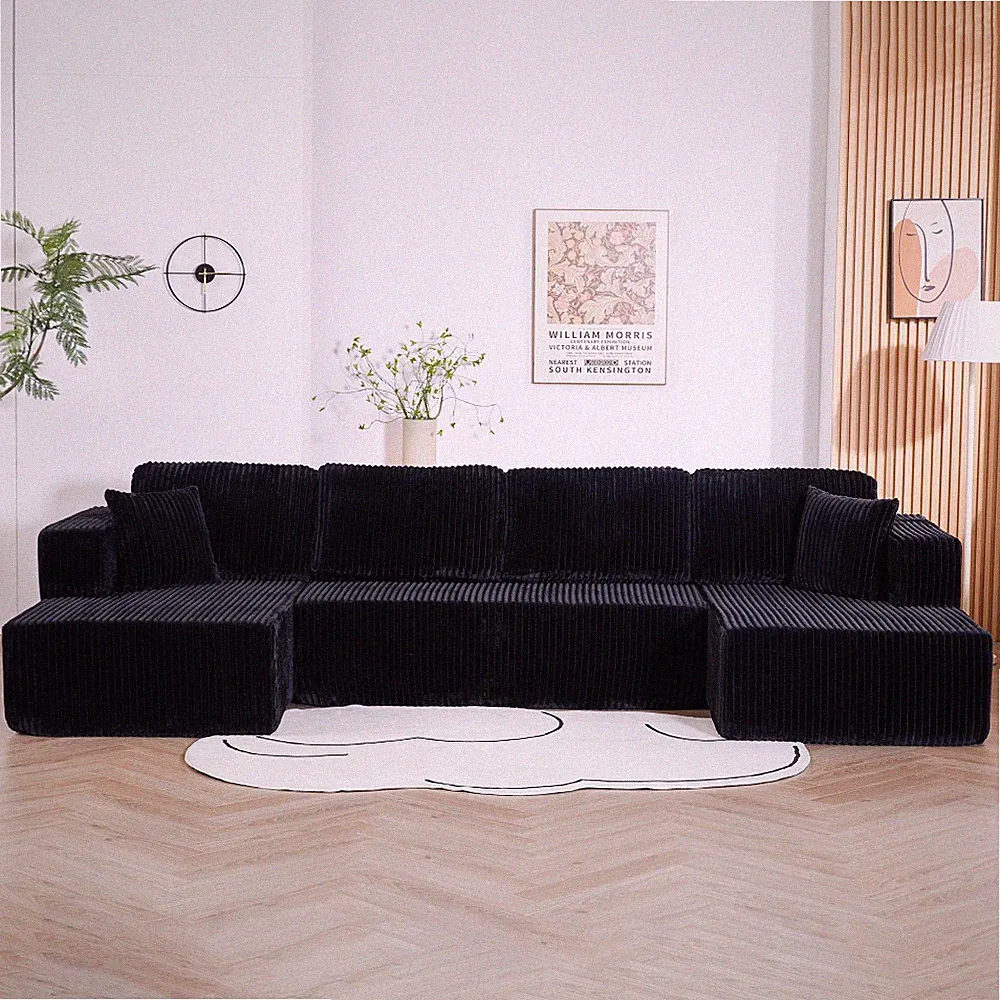 130" U-Shape Corduroy Modular Sectional Sofa No Assembly Sleeper Compressed