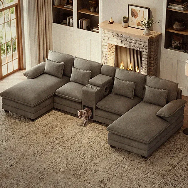 130" U Shaped Chenille Sectional Sofa with Pet Cat House Console & Double Chaise