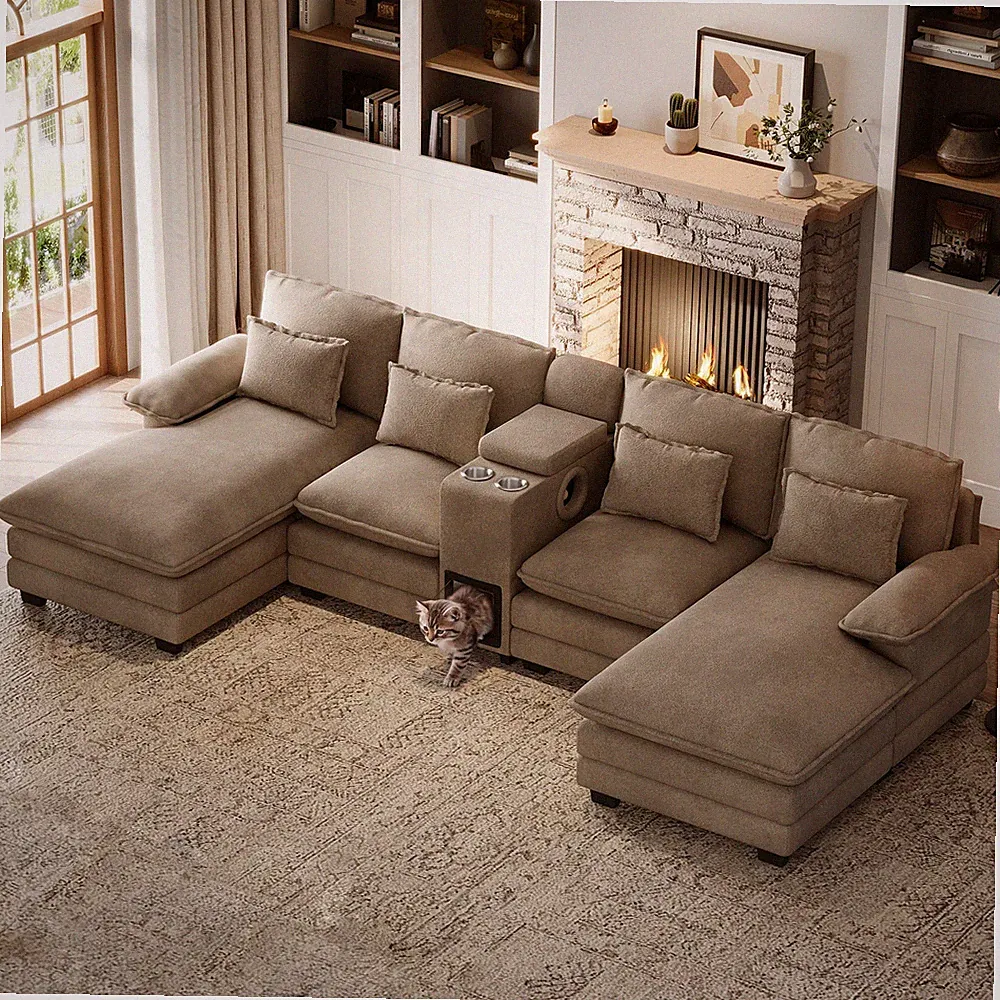 130" U Shaped Chenille Sectional Sofa with Pet House Console Deep Seats Couch