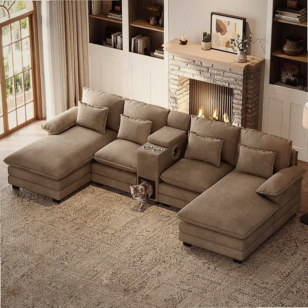 130" U Shaped Cloud Couch with Cat House, Oversized Sectional Sofa for Living Ro
