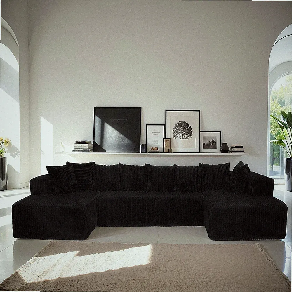 130" U-Shaped Corduroy Sectional Sofa, 4-Seat, Black, No Assembly