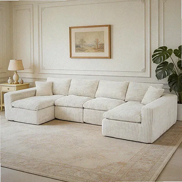 130" U-Shaped Modular Sectional Cloud Couch, Corduroy, Beige White, Memory Foam