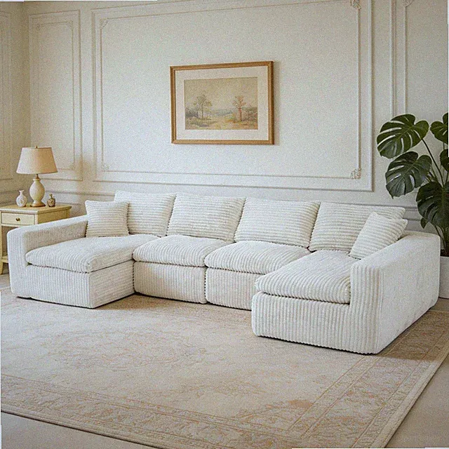 130" U-Shaped Modular Sectional Cloud Couch, Corduroy, Memory Foam, Beige White