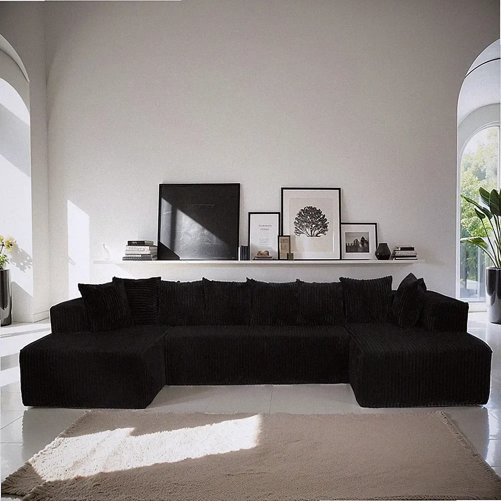 130" U-Shaped Modular Sectional Sofa with Chaise, Corduroy, Black