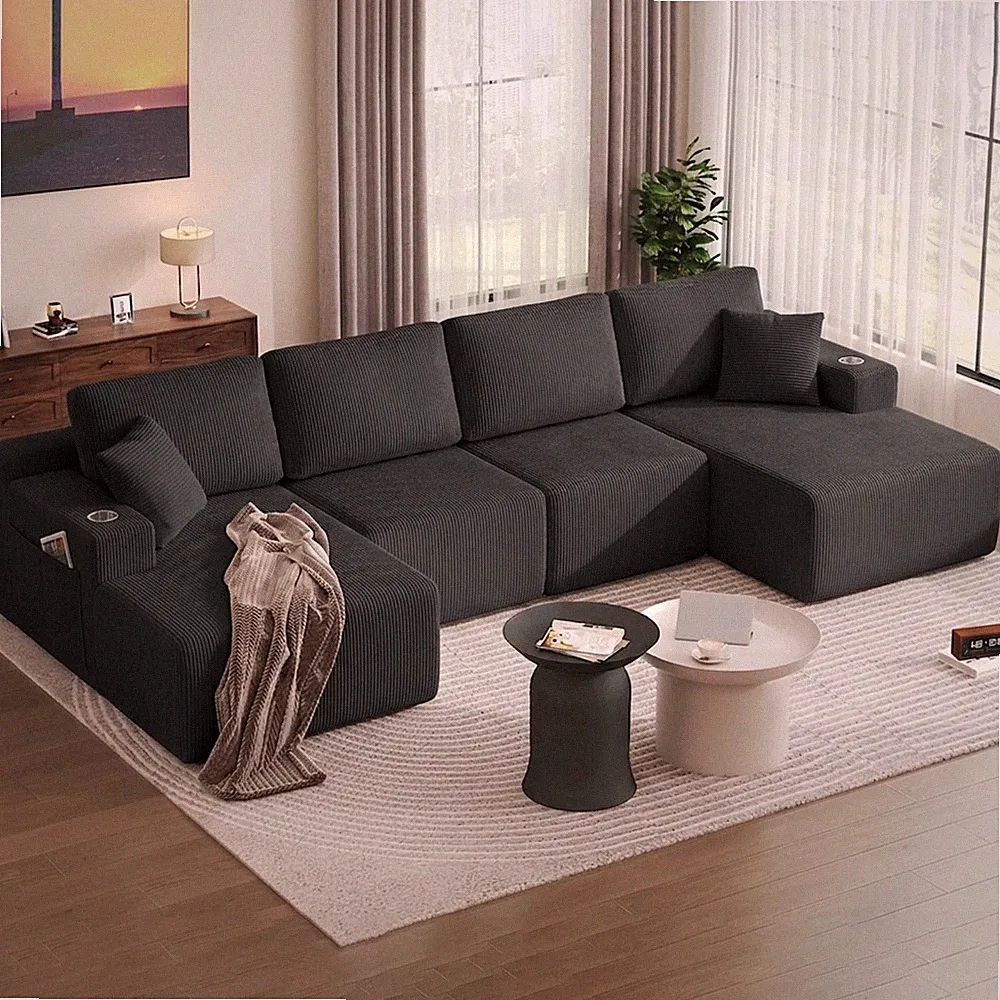 130" U-Shaped Modular Sectional Sofa with Chaise, Corduroy Fabric