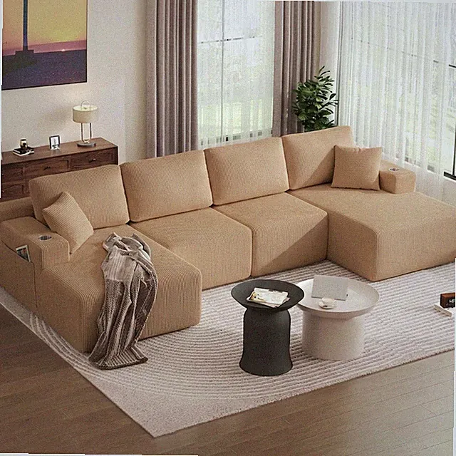 130" U-Shaped Modular Sectional Sofa with Chaise, Corduroy Fabric, Brown