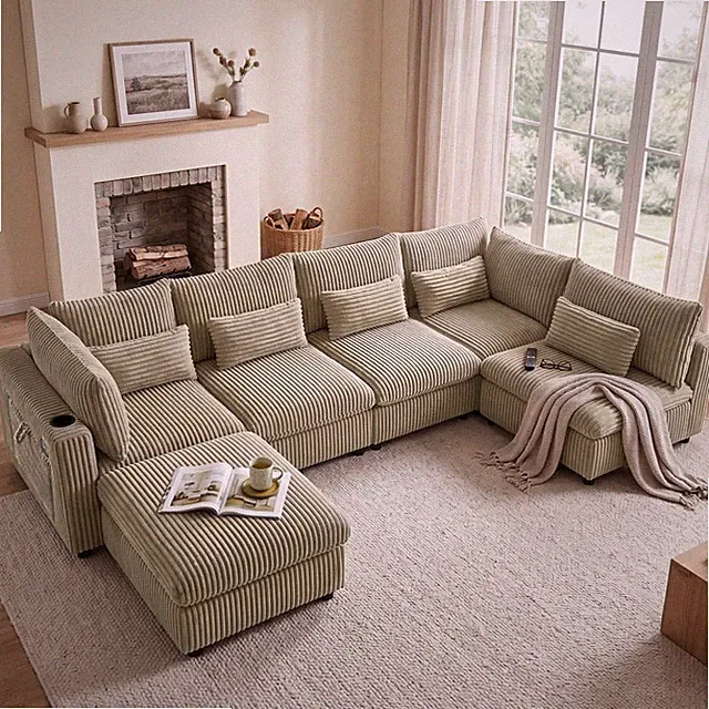 130" U Shaped Sectional Sofa Couch with USB Cup Holder Storage for Living Room