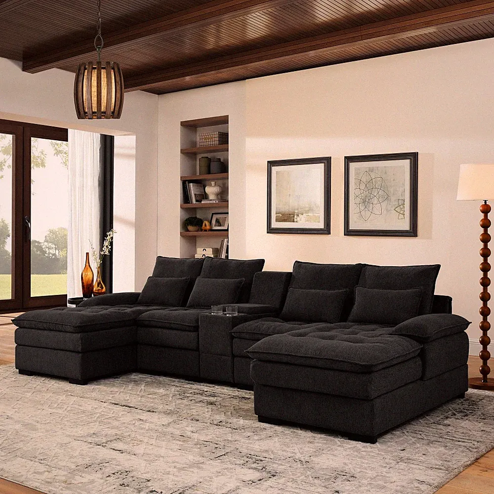 130" U-Shaped Sectional Sofa w/ Console, Chaise & USB, 6-Seater Sleeper, Black