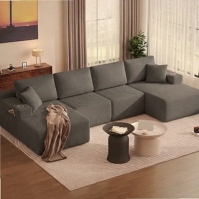 130" U-Shaped Sectional Sofa with Chaise, Corduroy Fabric, Gray