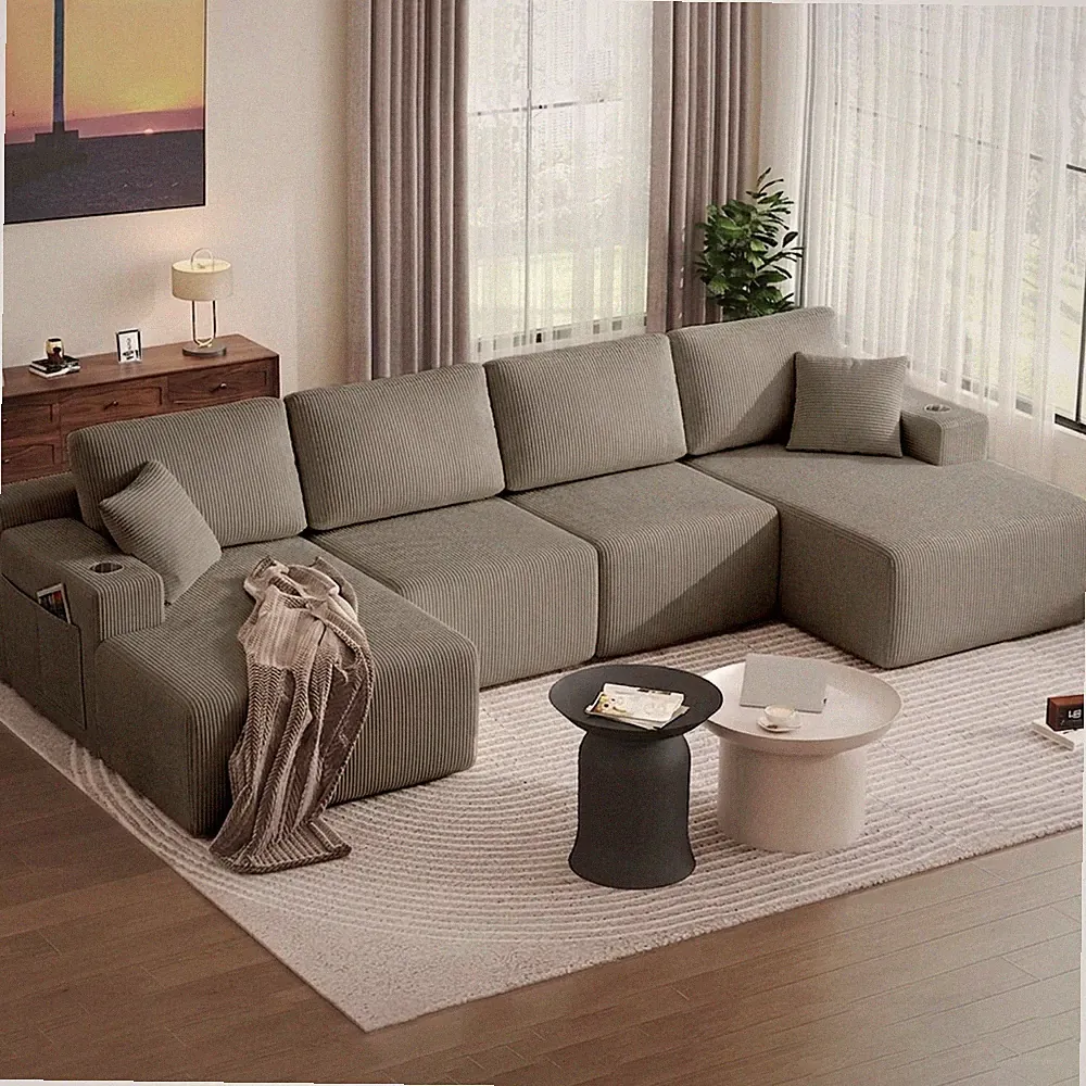 130" U-Shaped Sectional Sofa with Chaise, Corduroy, Taupe