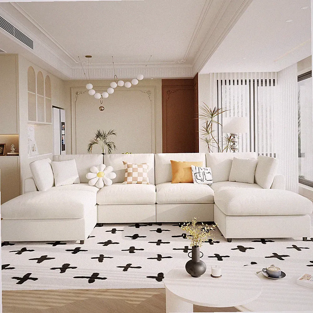130" U_STYLE Large U-Shaped Chenille Sectional (2 Ottomans, Modular, Living Room