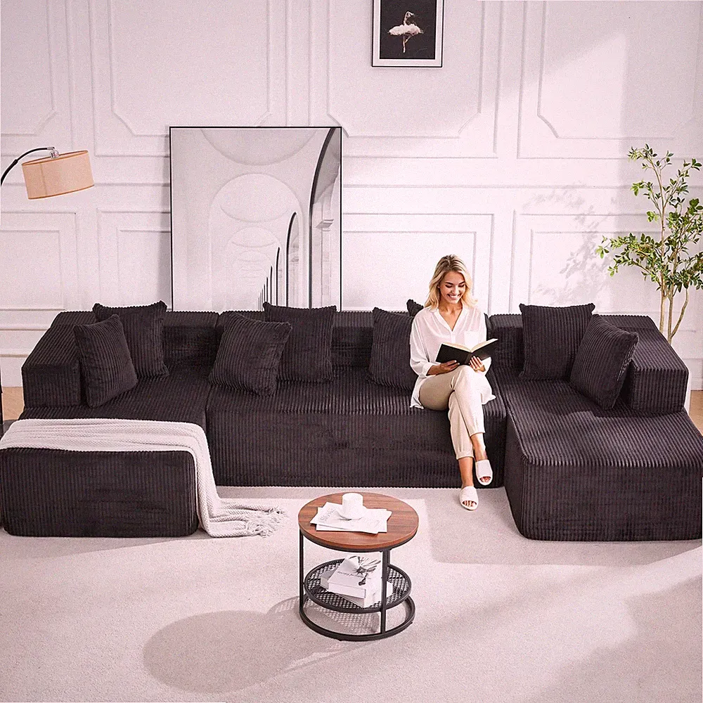 131 Cloud Memory Foam Sectional Sofa Chaise Lounge Corduroy U-Shaped Black