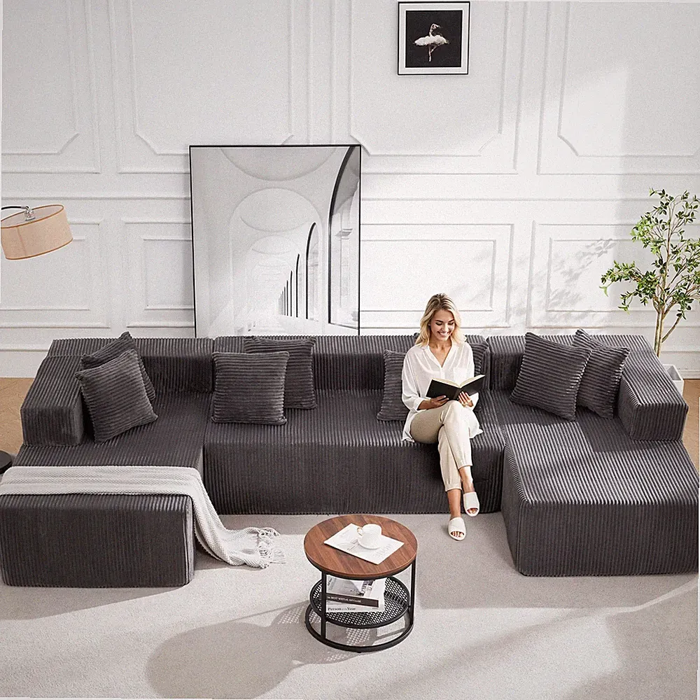 131" Gray Memory Foam Sectional Sofa Chaise Lounge Corduroy U-Shaped No Assembly