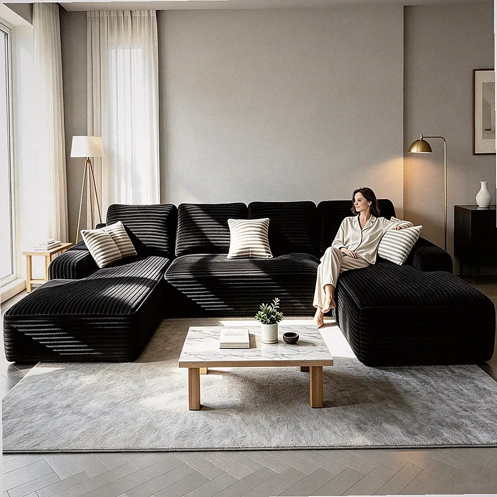 131-inch Modern U-Shaped Sectional Sofa with Foam Backrest & Corduroy Upholstery