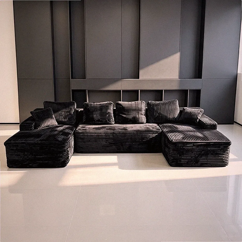 131" Modular Sectional Sofa U-Shaped 5-Seat Black Corduroy