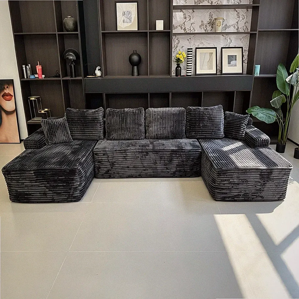 131" U-Shape Cloud Sectional Sofa, Modular, Gray Corduroy, No Assembly Required