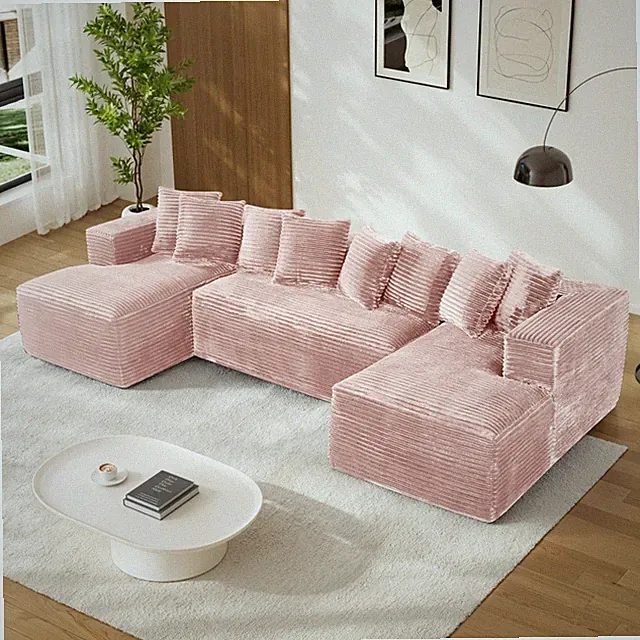 131" U-Shaped Corduroy Sectional Sofa Double Chaise Cloud Couch No Assembly