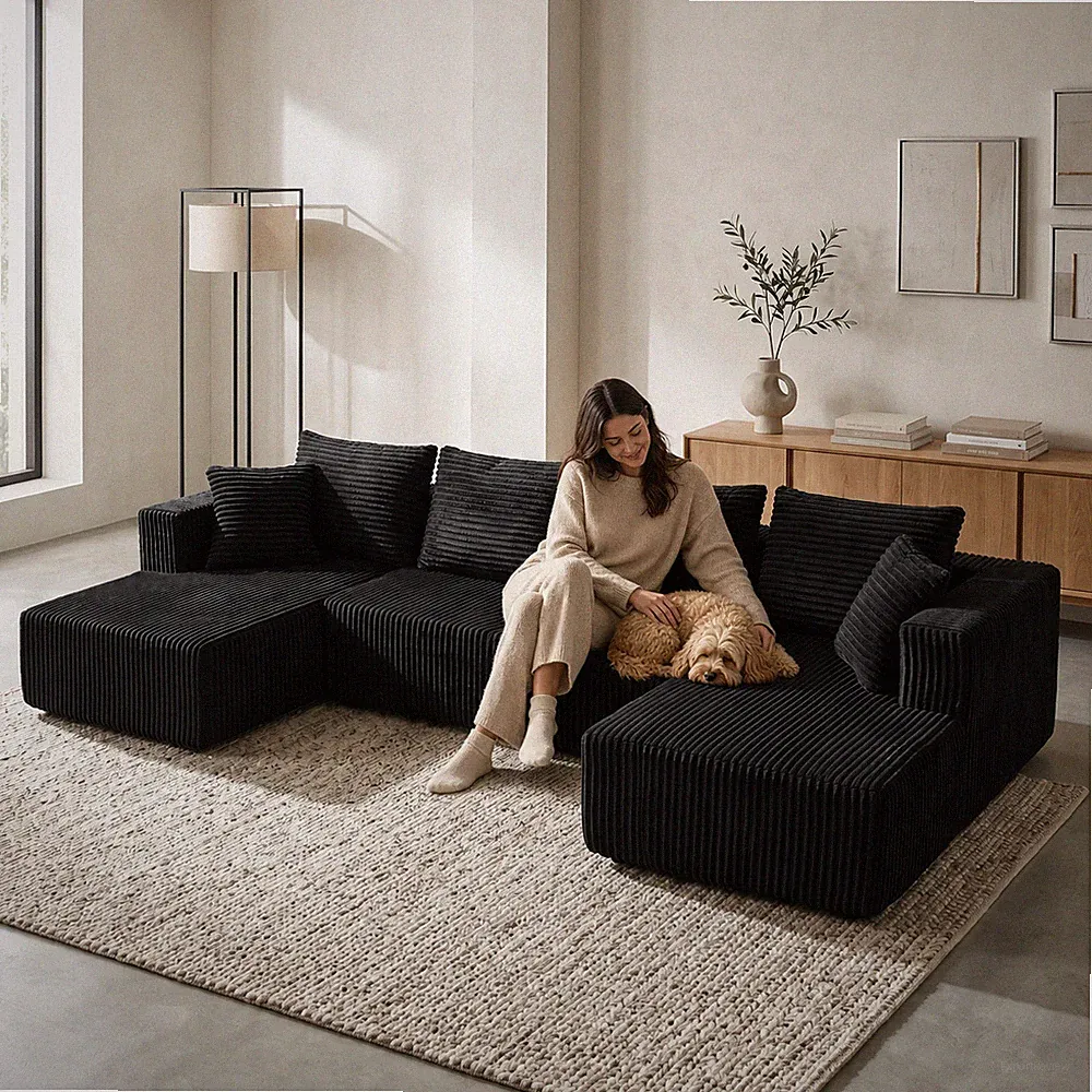 132.1 Inch Modular Sectional Sofa,U-Shaped Corduroy Sofa Couch w/Double Chaise