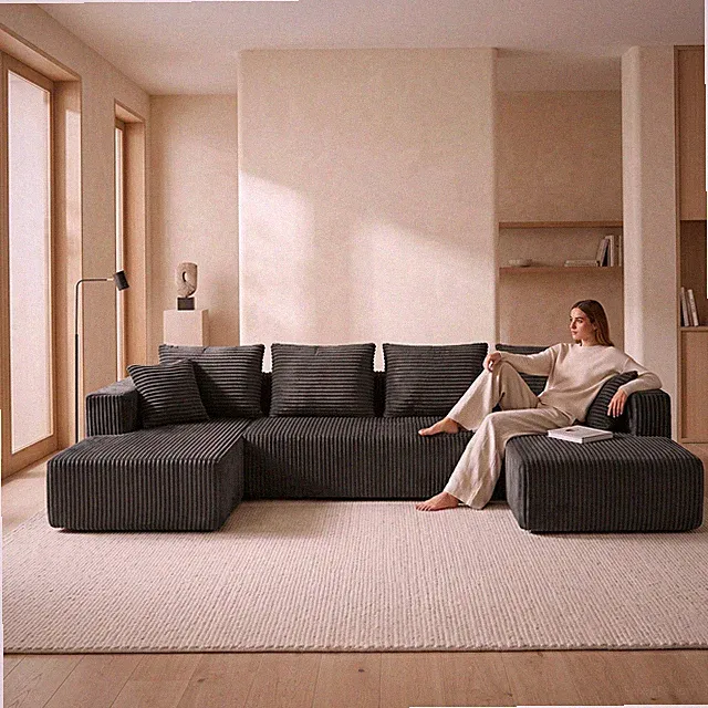 132.1 Inch Modular Sectional Sofa,U-Shaped Corduroy Sofa Couch w/Double Chaise,O
