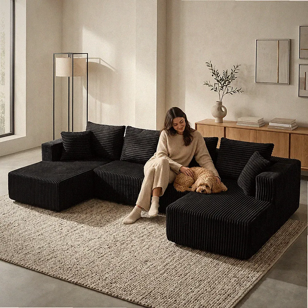 132.1" Modular U-Shaped Sectional Sofa, Corduroy, Black, 4-Seat