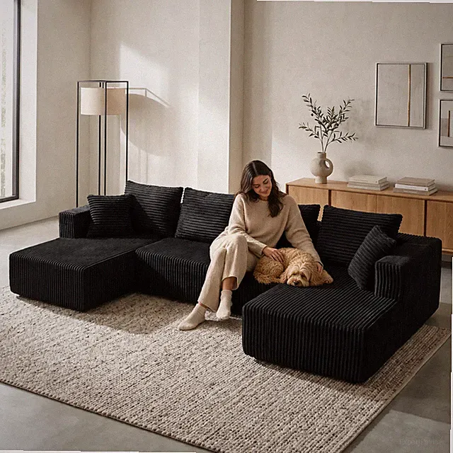 132.1" Modular U-Shaped Sectional Sofa, Corduroy, Double Chaise, Black