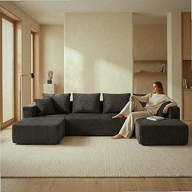 132.1" Modular U-Shaped Sectional Sofa, Corduroy, Gray, Deep Seat