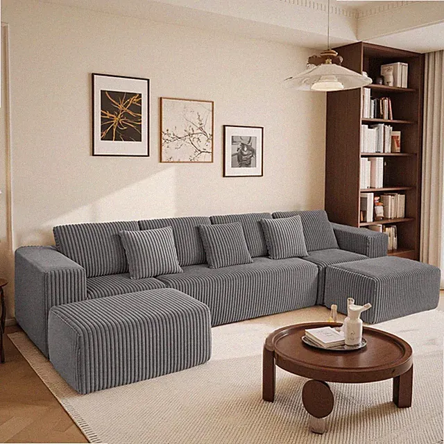 132" 4-Seater U-Shaped Sectional Sofa Gray Corduroy Reversible Chaise Lounge